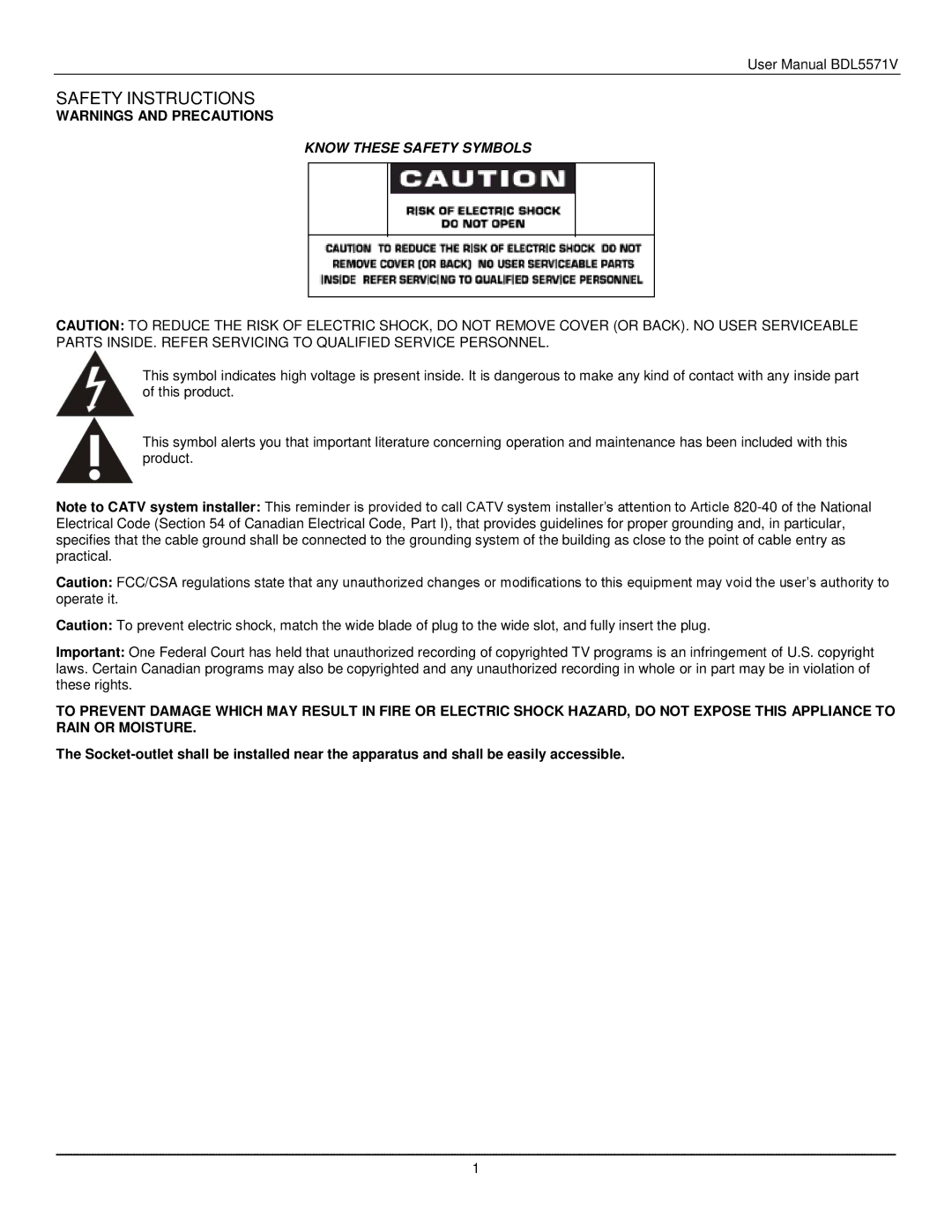 Philips BDL5571V user manual Safety Instructions 