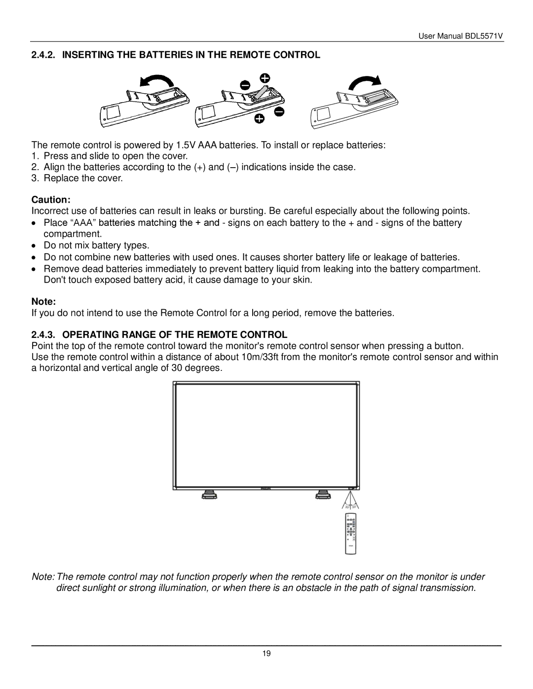 Philips BDL5571V user manual Inserting the Batteries in the Remote Control, Operating Range of the Remote Control 