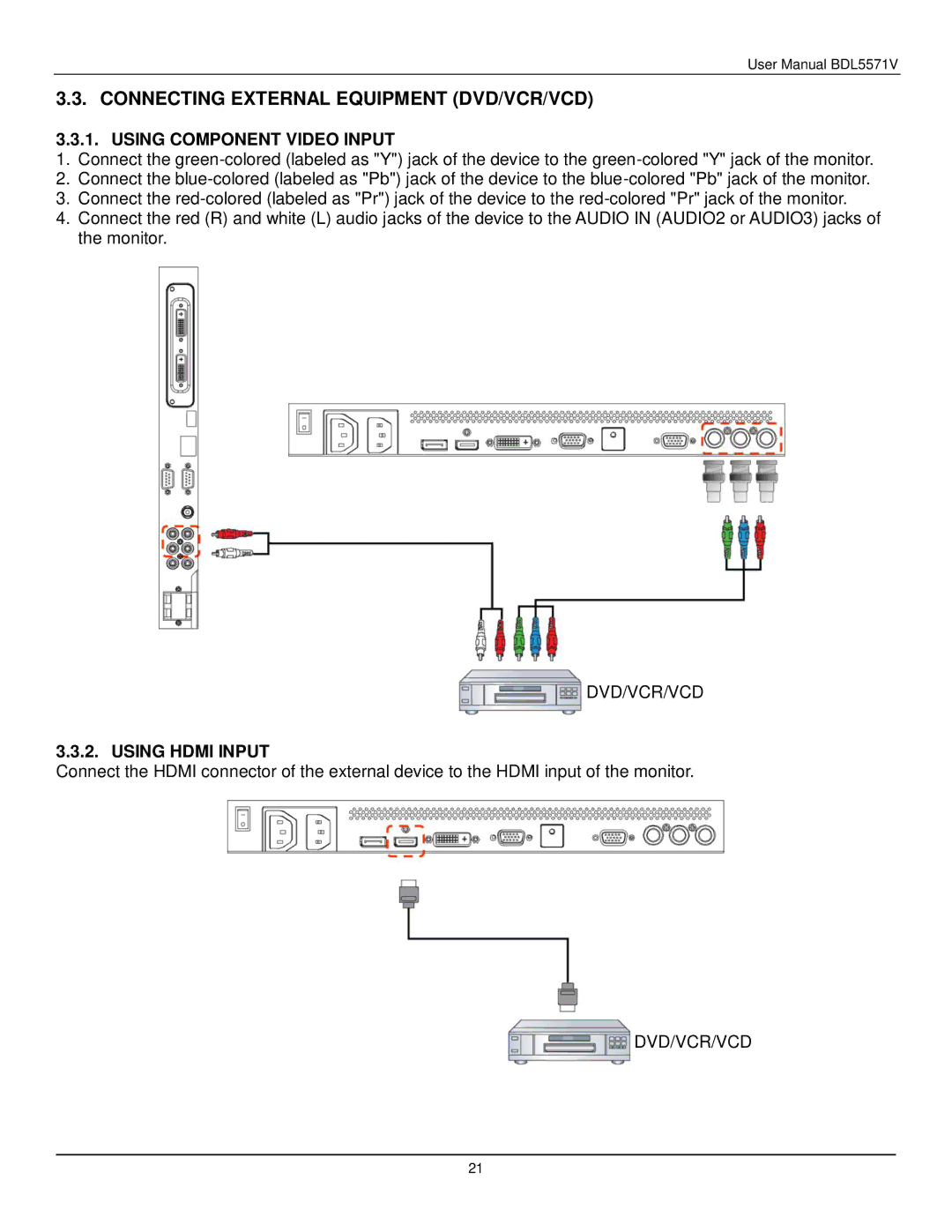 Philips BDL5571V user manual Connecting External Equipment DVD/VCR/VCD, Using Component Video Input, Using Hdmi Input 