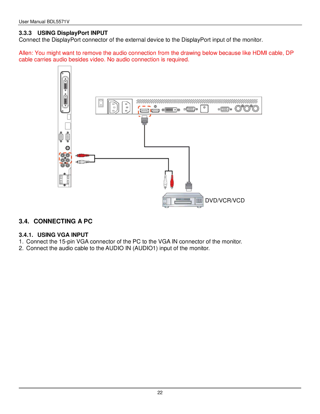 Philips BDL5571V user manual Connecting a PC, Using DisplayPort Input, Using VGA Input 