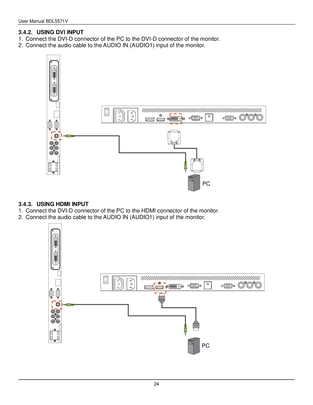 Philips BDL5571V user manual Using DVI Input, Using Hdmi Input 