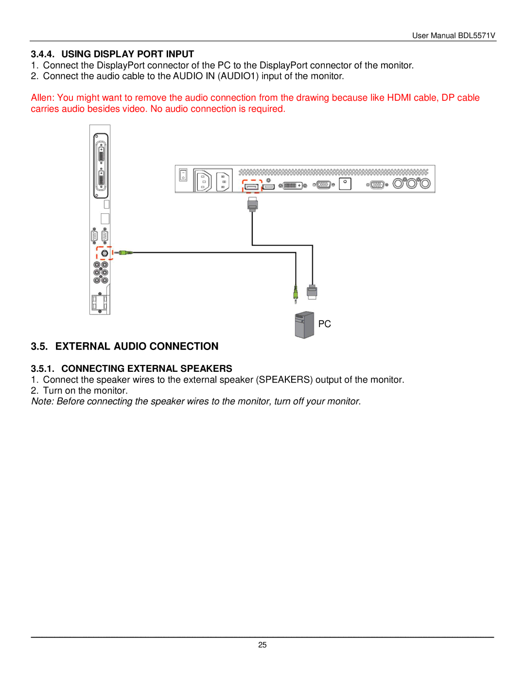 Philips BDL5571V user manual External Audio Connection, Using Display Port Input, Connecting External Speakers 