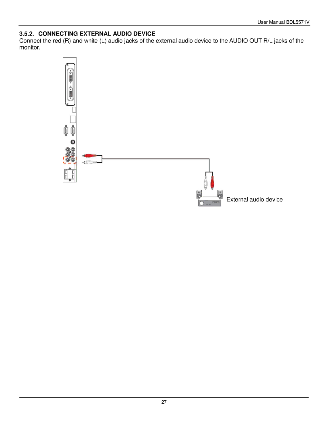 Philips BDL5571V user manual Connecting External Audio Device 