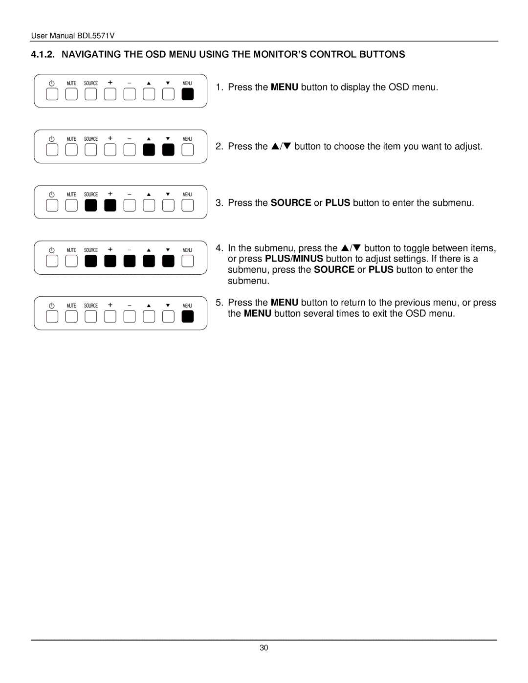 Philips BDL5571V user manual Navigating the OSD Menu Using the MONITOR‟S Control Buttons 