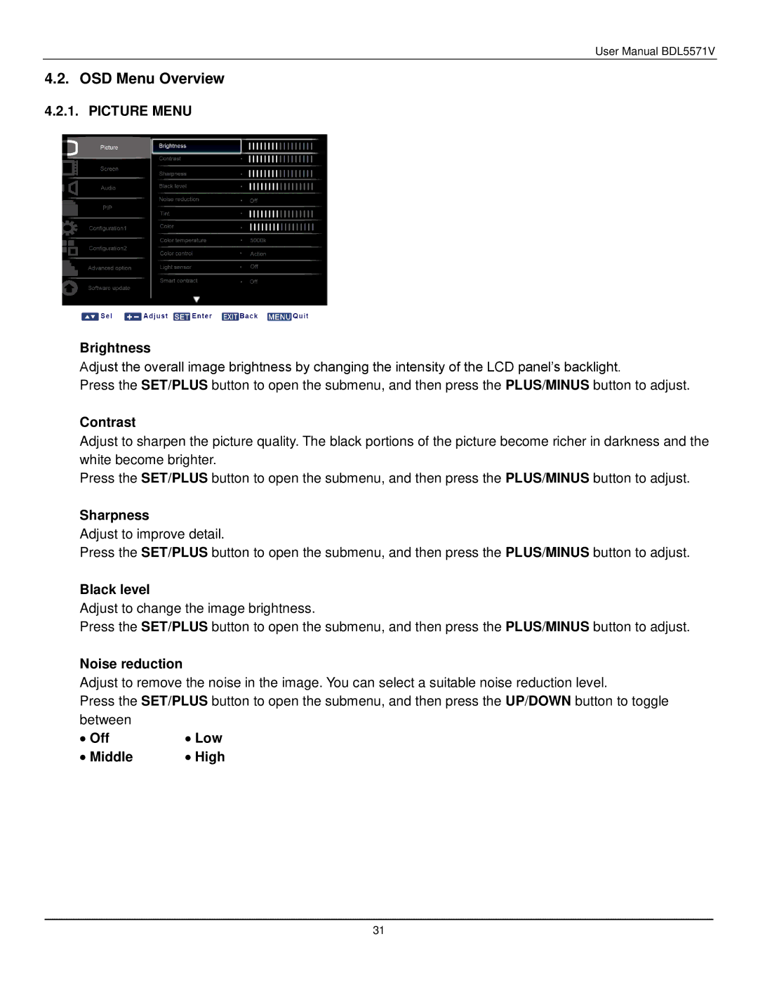 Philips BDL5571V user manual Picture Menu 