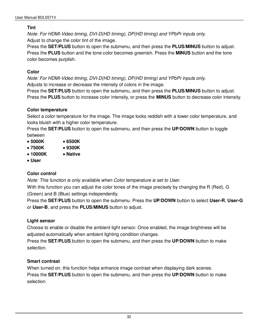 Philips BDL5571V user manual Tint, Color temperature, Light sensor, Smart contrast 