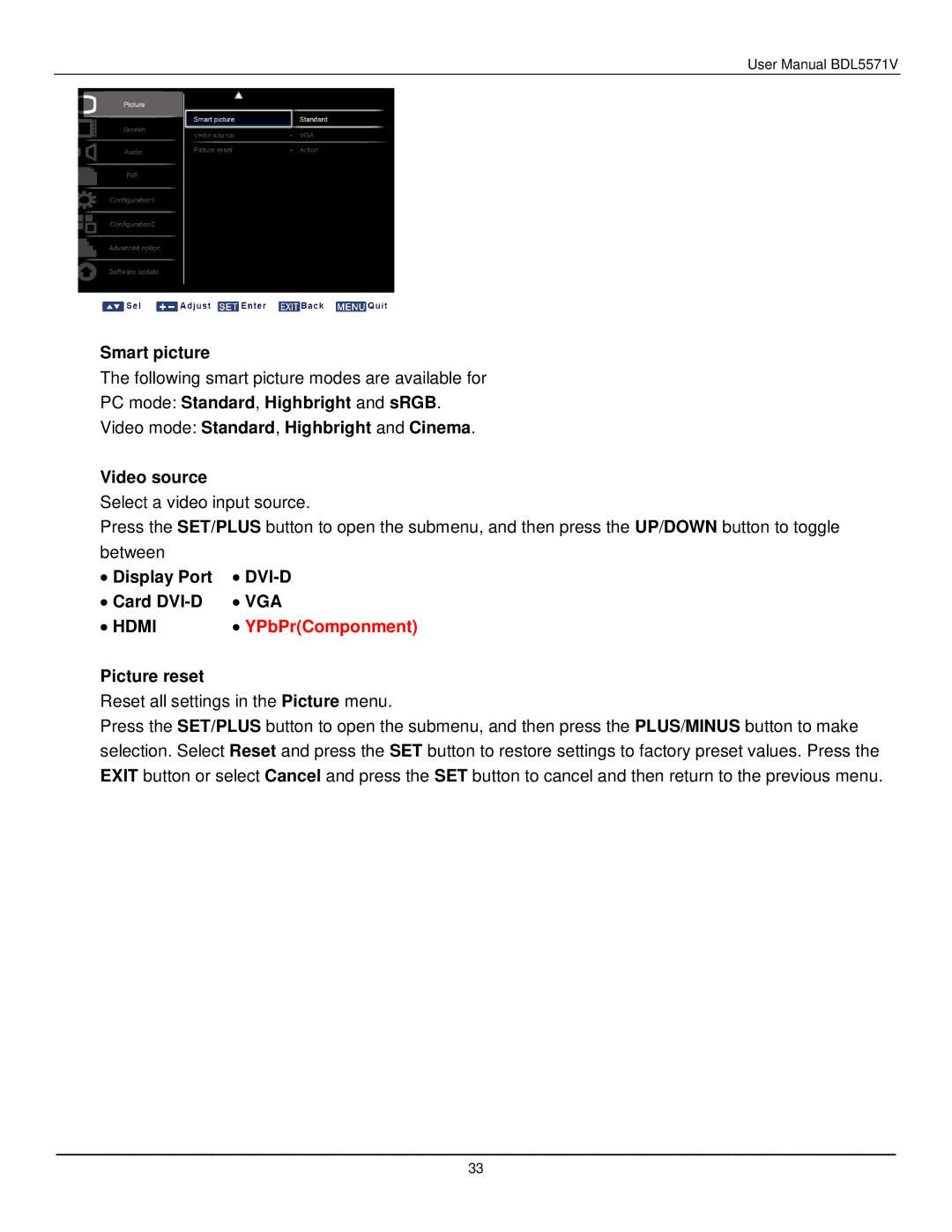 Philips BDL5571V user manual Smart picture, ∙ Display Port ∙ DVI-D ∙ Card DVI-D ∙ VGA, ∙ Hdmi, Picture reset 