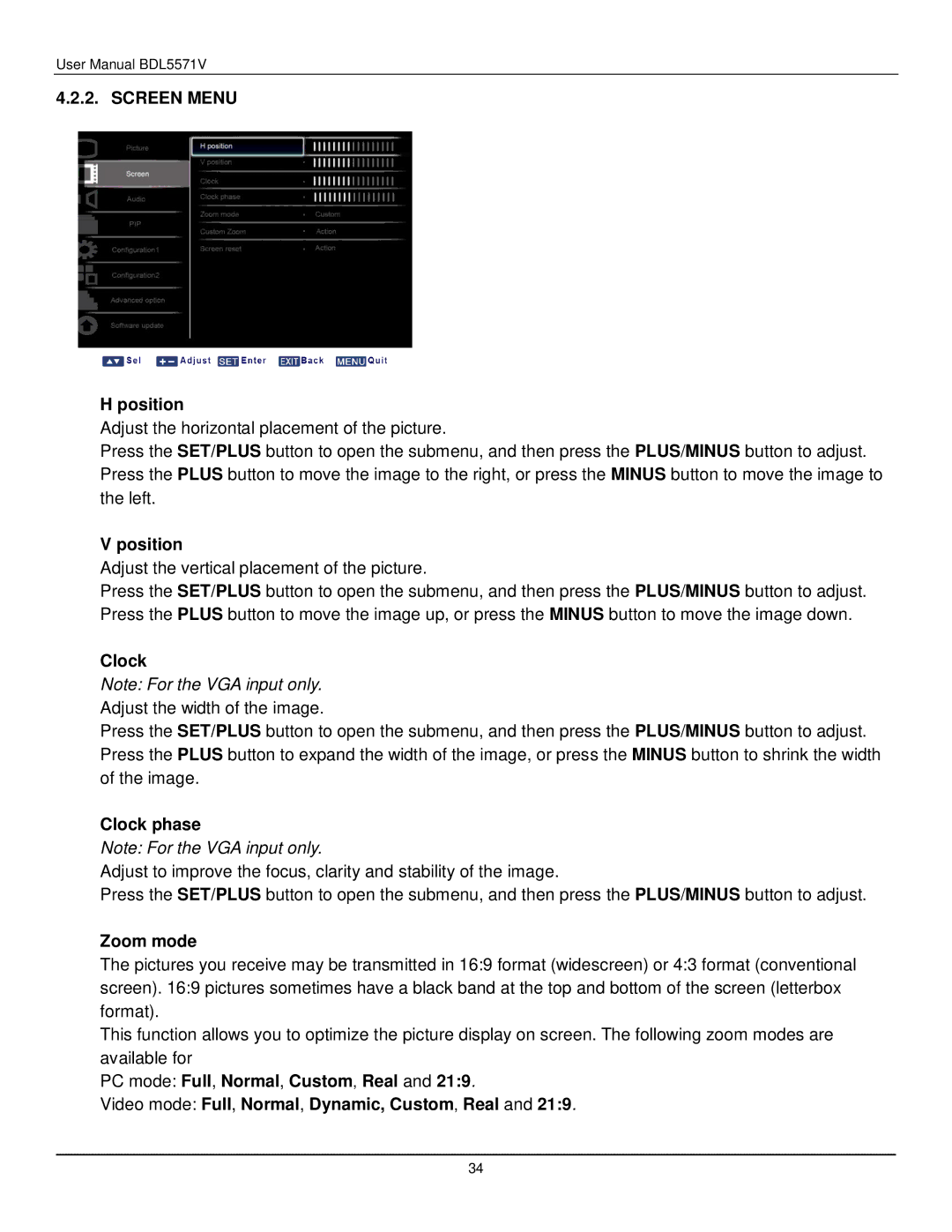 Philips BDL5571V user manual Screen Menu, Position, Clock phase, Zoom mode 