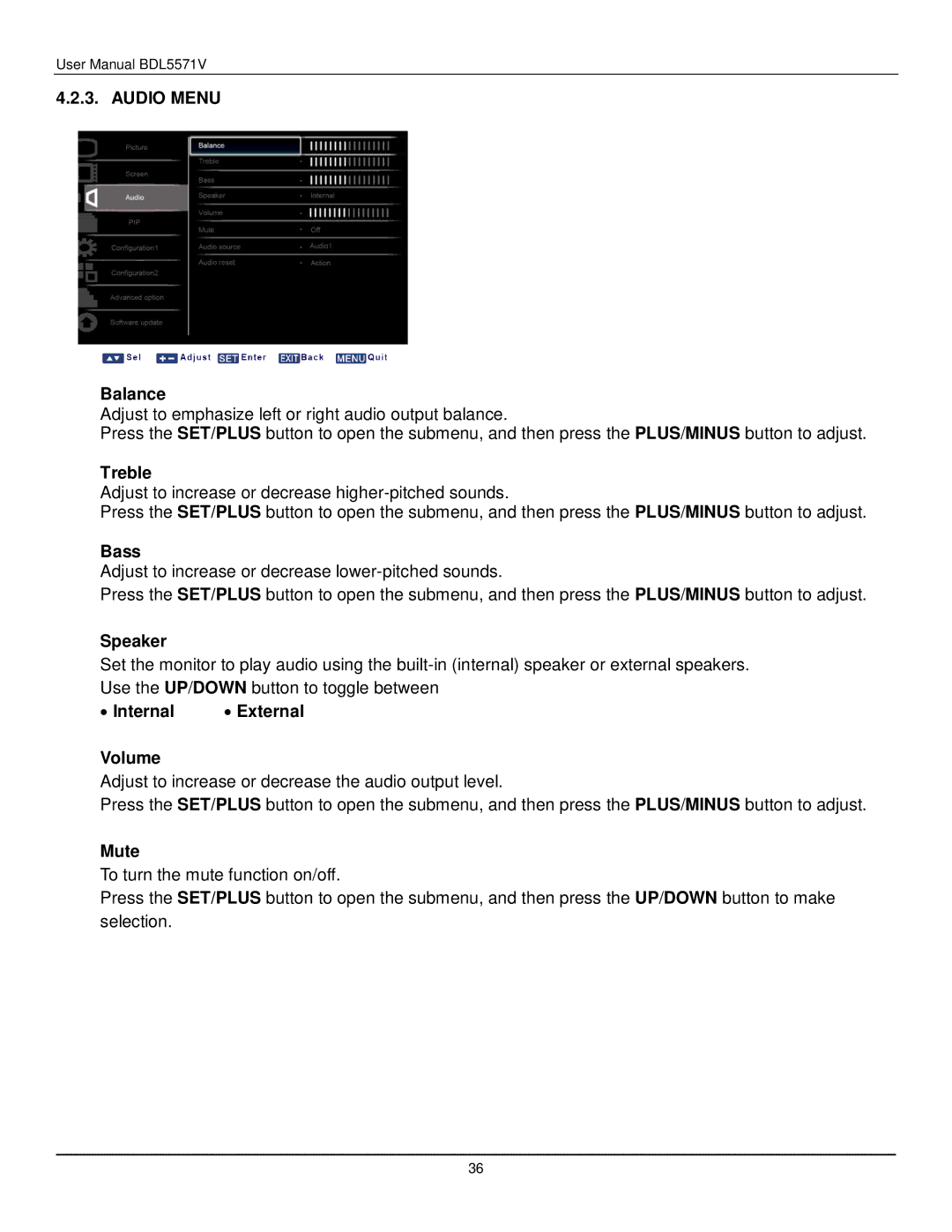 Philips BDL5571V user manual Audio Menu 