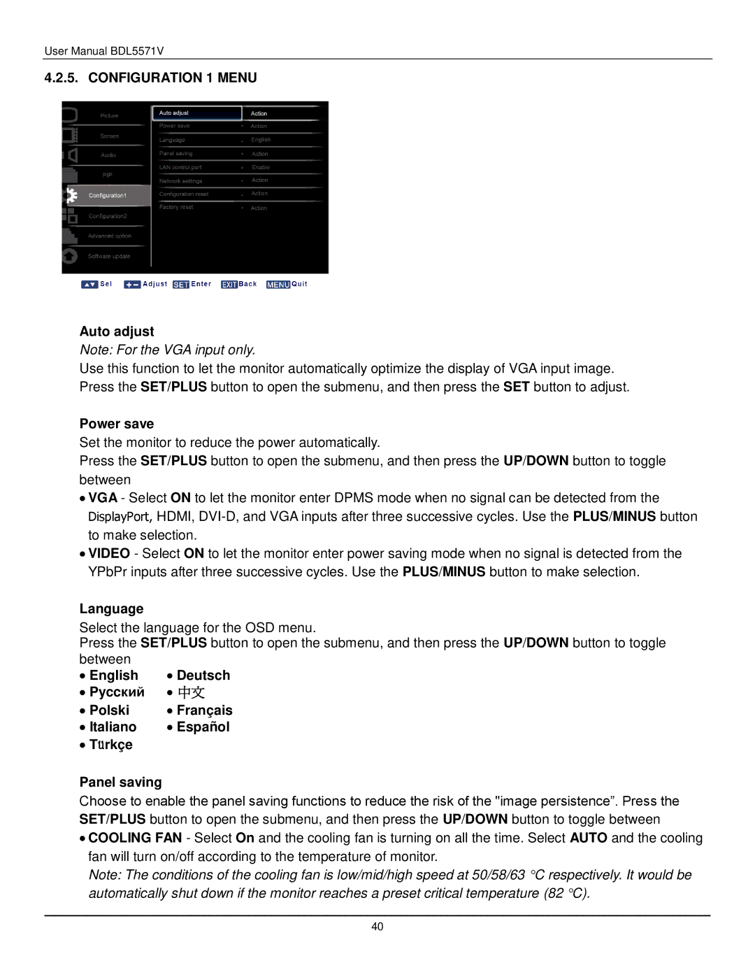 Philips BDL5571V user manual Configuration 1 Menu, Auto adjust, Power save, Language, ∙ English ∙ Deutsch ∙ Pyccкий 