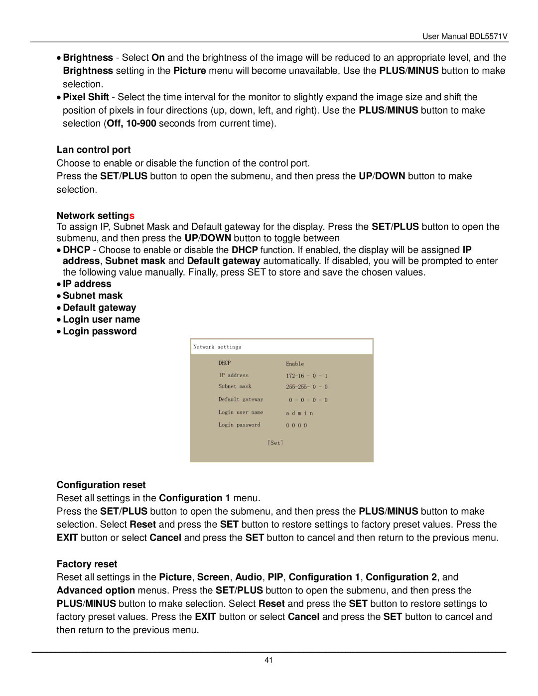 Philips BDL5571V user manual Lan control port, Network settings, Factory reset 