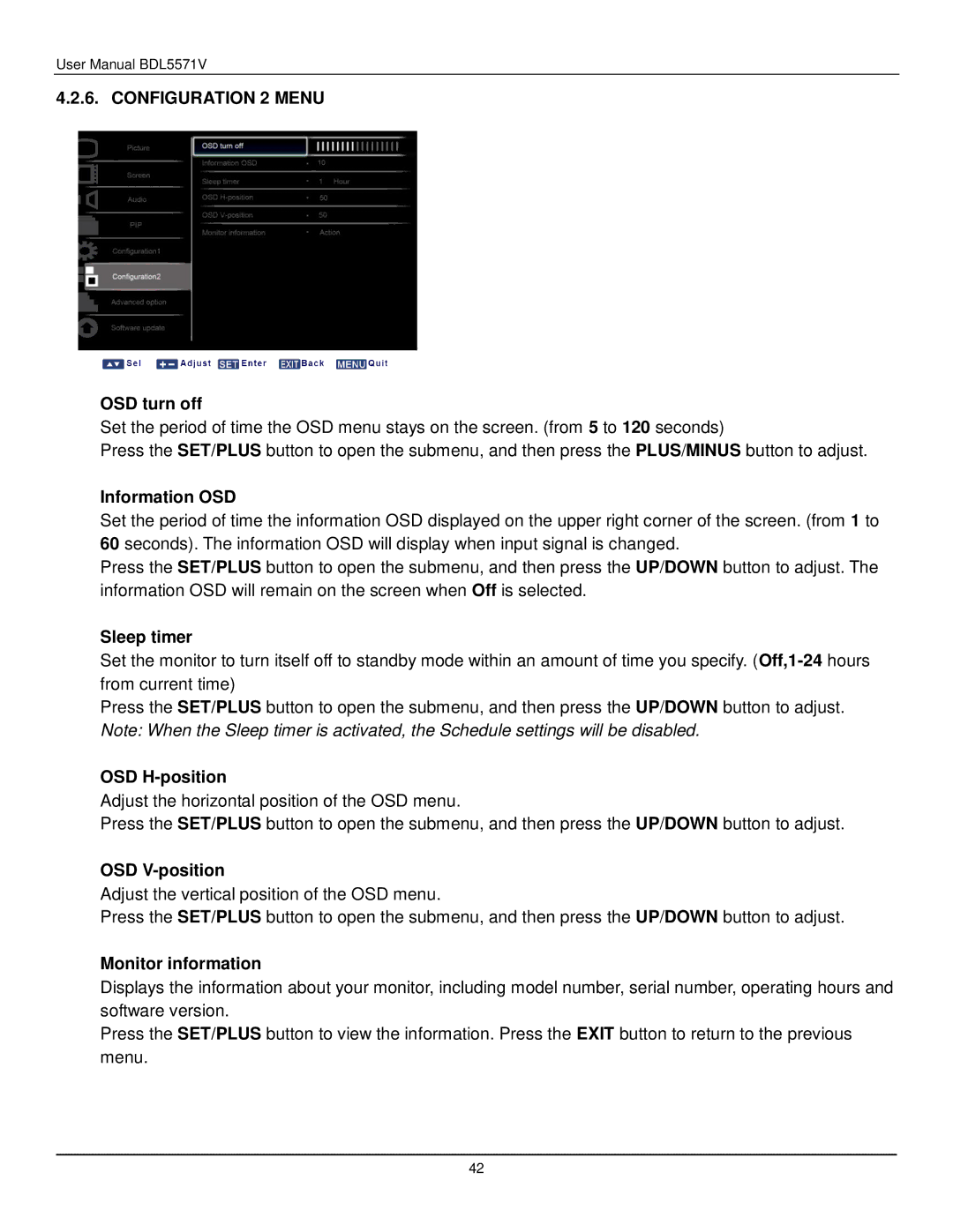 Philips BDL5571V user manual Configuration 2 Menu 