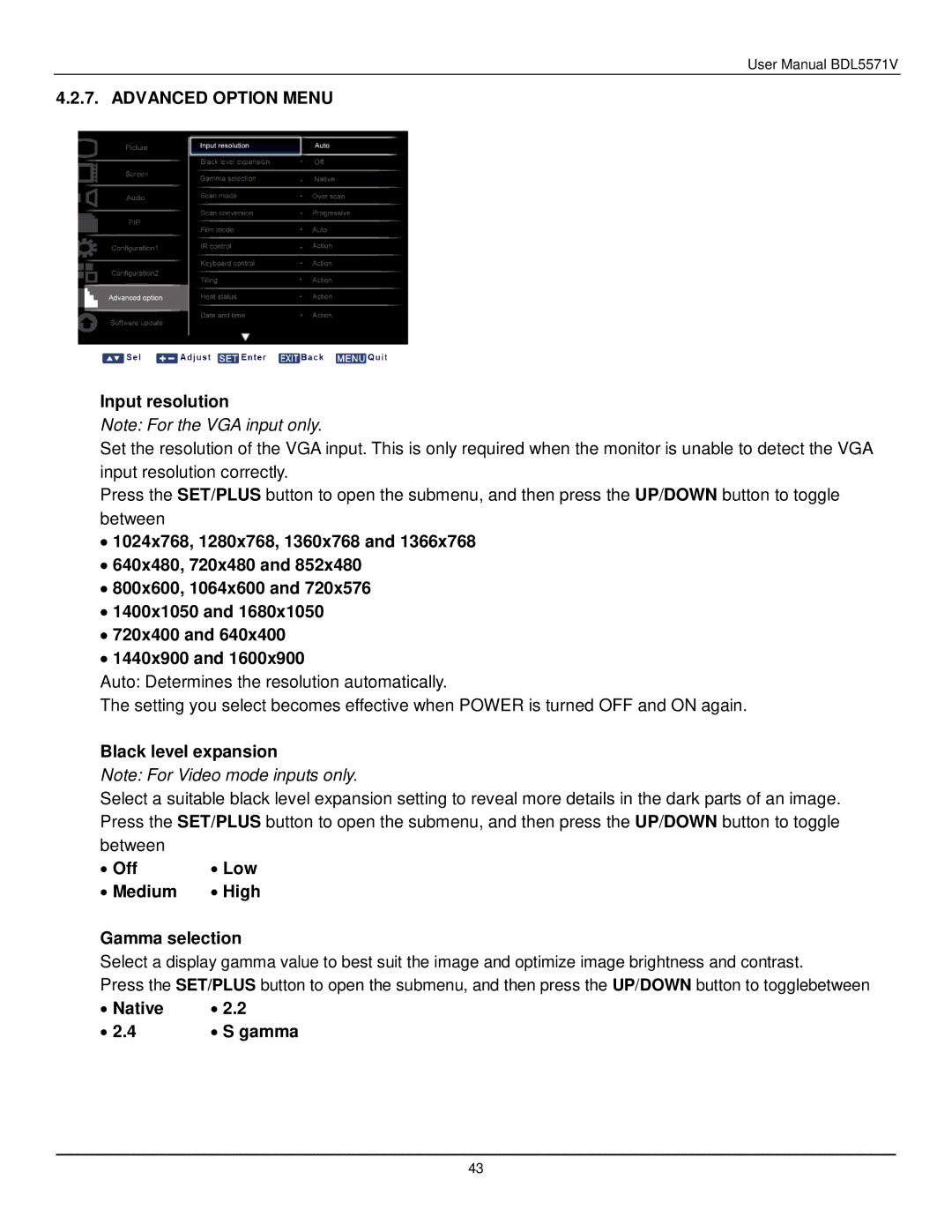 Philips BDL5571V user manual Advanced Option Menu, Input resolution, Black level expansion, ∙ Native ∙ S gamma 