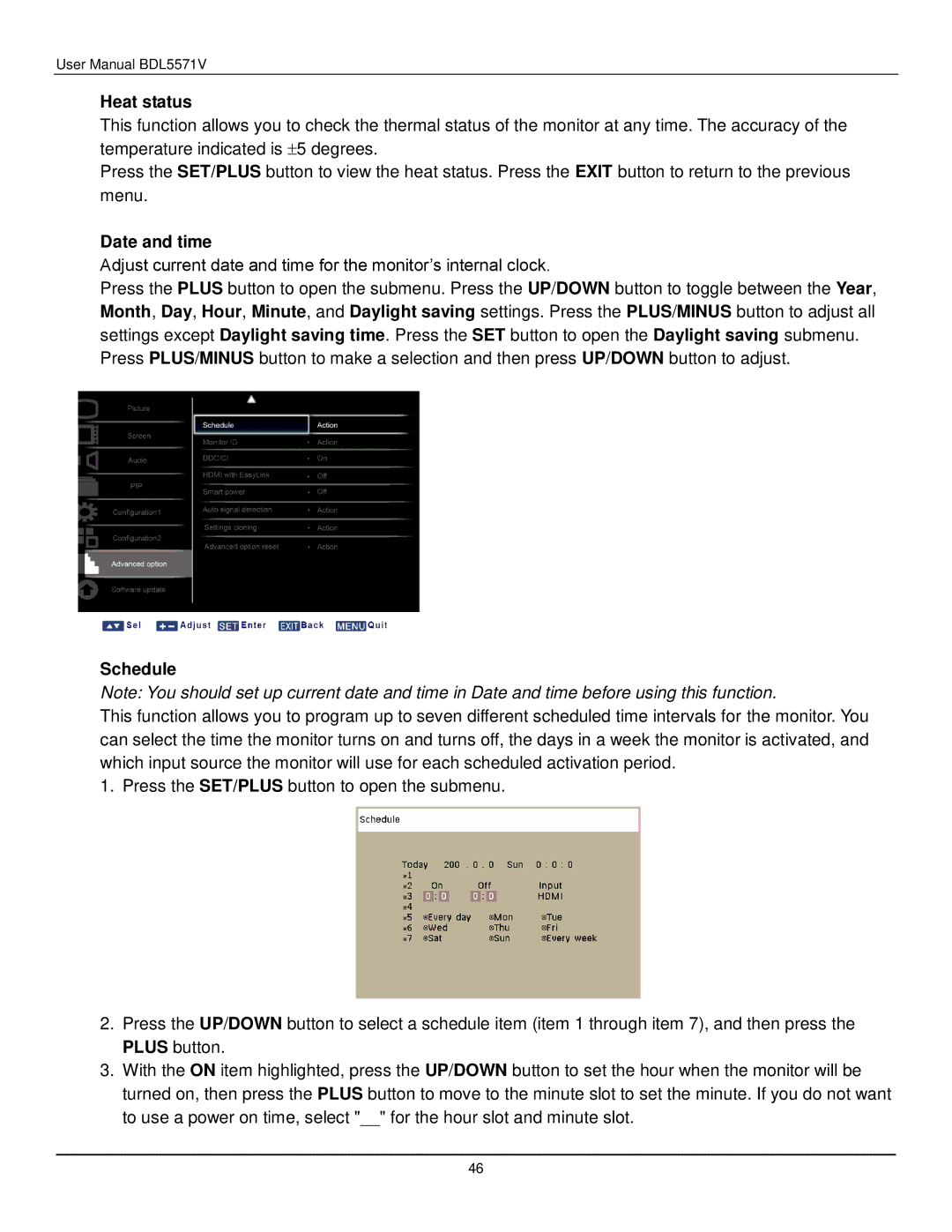 Philips BDL5571V user manual Heat status, Date and time, Schedule 