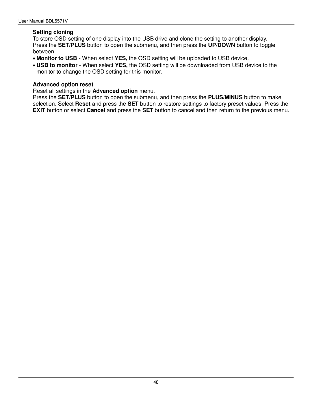 Philips BDL5571V user manual Setting cloning, Advanced option reset 