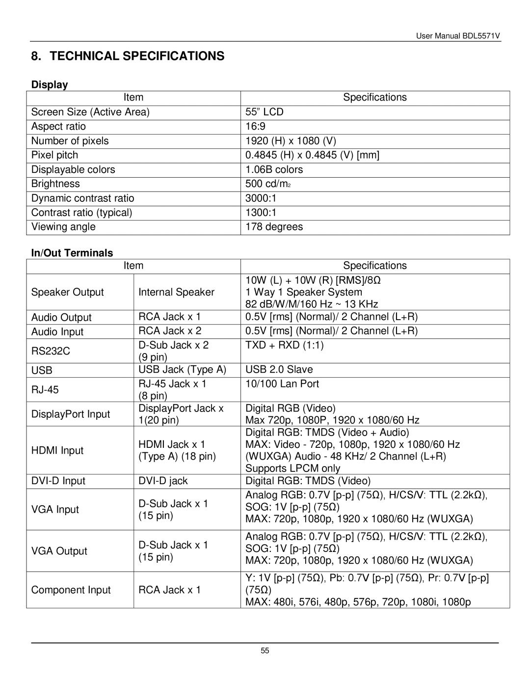 Philips BDL5571V user manual Technical Specifications, Display 