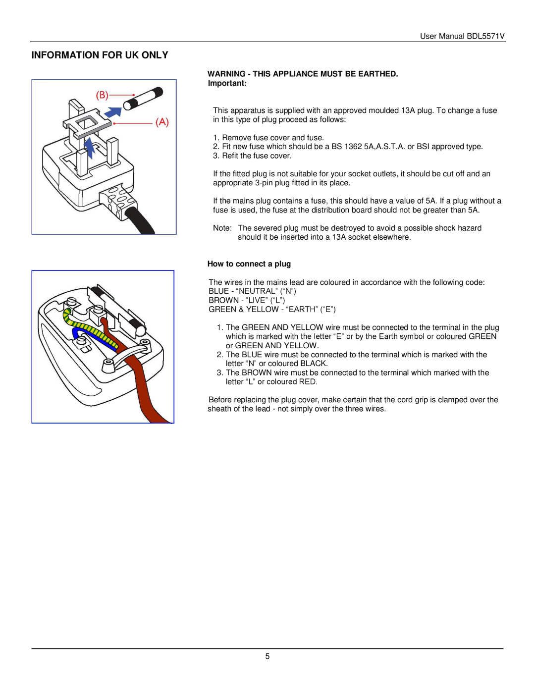 Philips BDL5571V user manual Information for UK only, How to connect a plug 