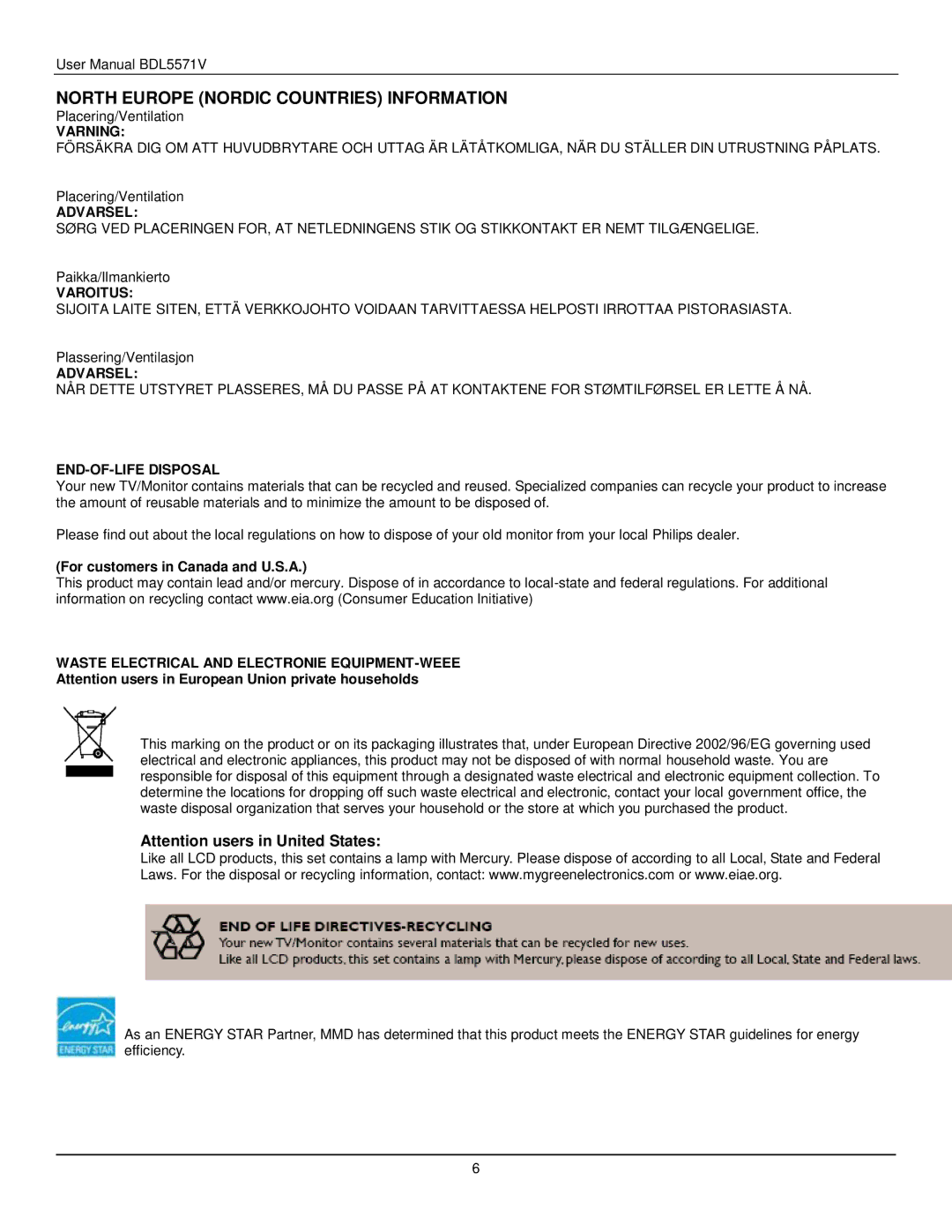 Philips BDL5571V user manual North Europe Nordic Countries Information, Varning 