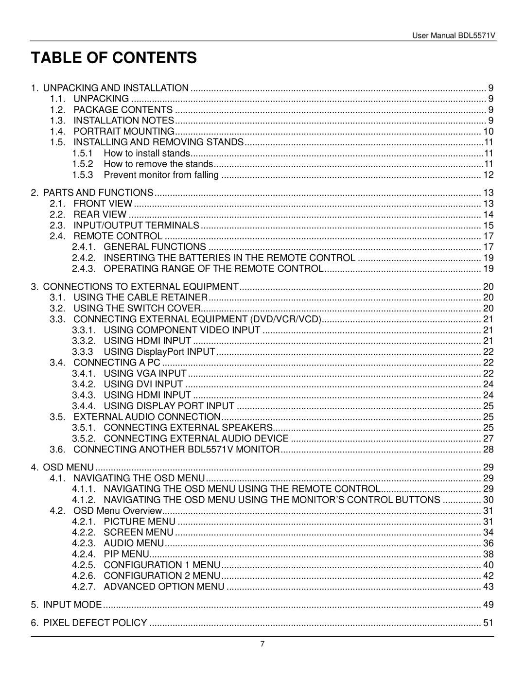 Philips BDL5571V user manual Table of Contents 