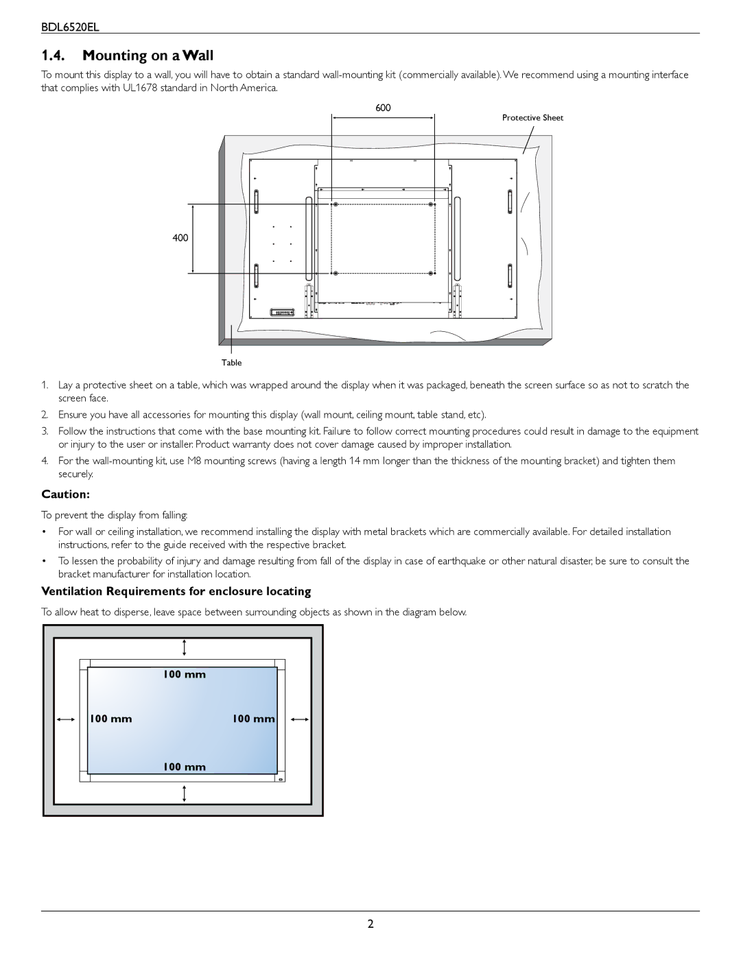 Philips BDL6520 user manual Mounting on a Wall, Ventilation Requirements for enclosure locating 