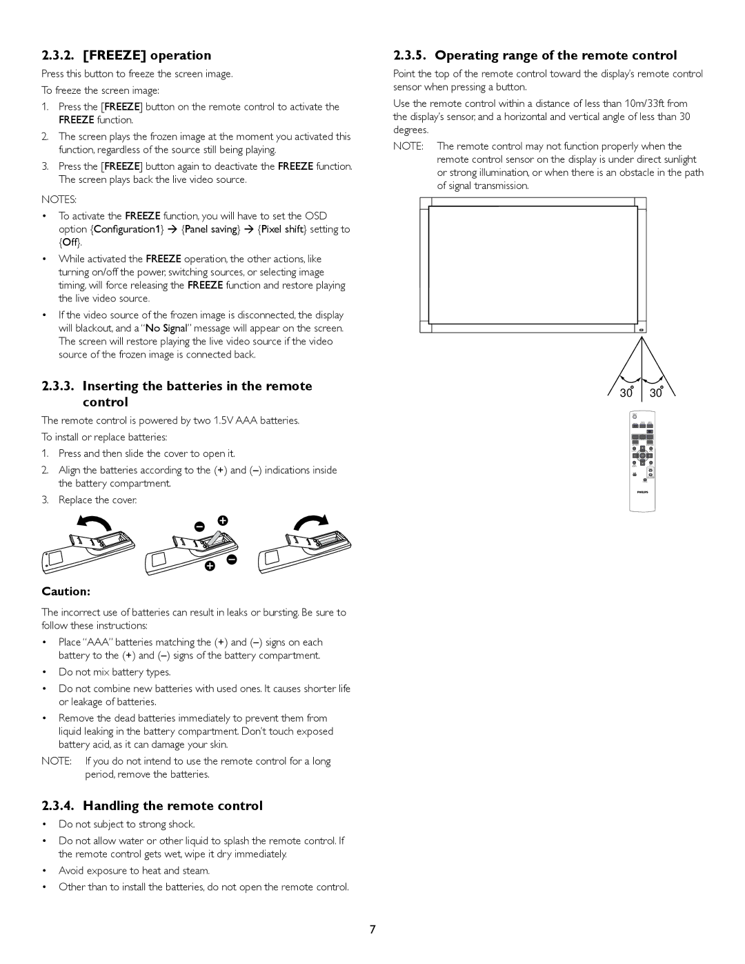 Philips BDL6520 user manual Freeze operation, Inserting the batteries in the remote control, Handling the remote control 