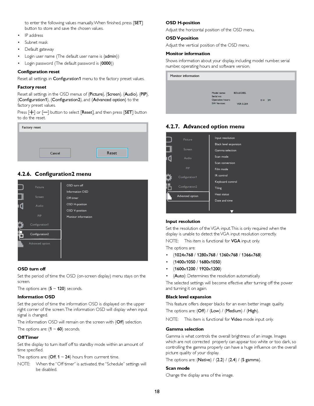 Philips BDL6520 user manual Advanced option menu, Configuration2 menu 