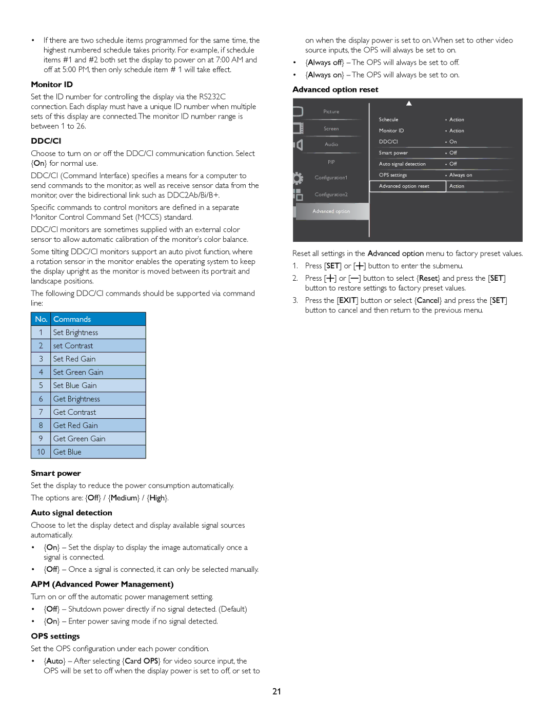 Philips BDL6520 Monitor ID, Advanced option reset, Smart power, Auto signal detection, APM Advanced Power Management 