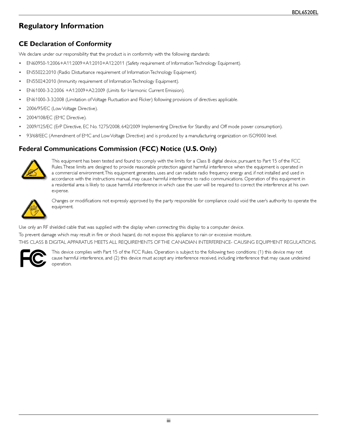 Philips BDL6520 user manual Regulatory Information, CE Declaration of Conformity 