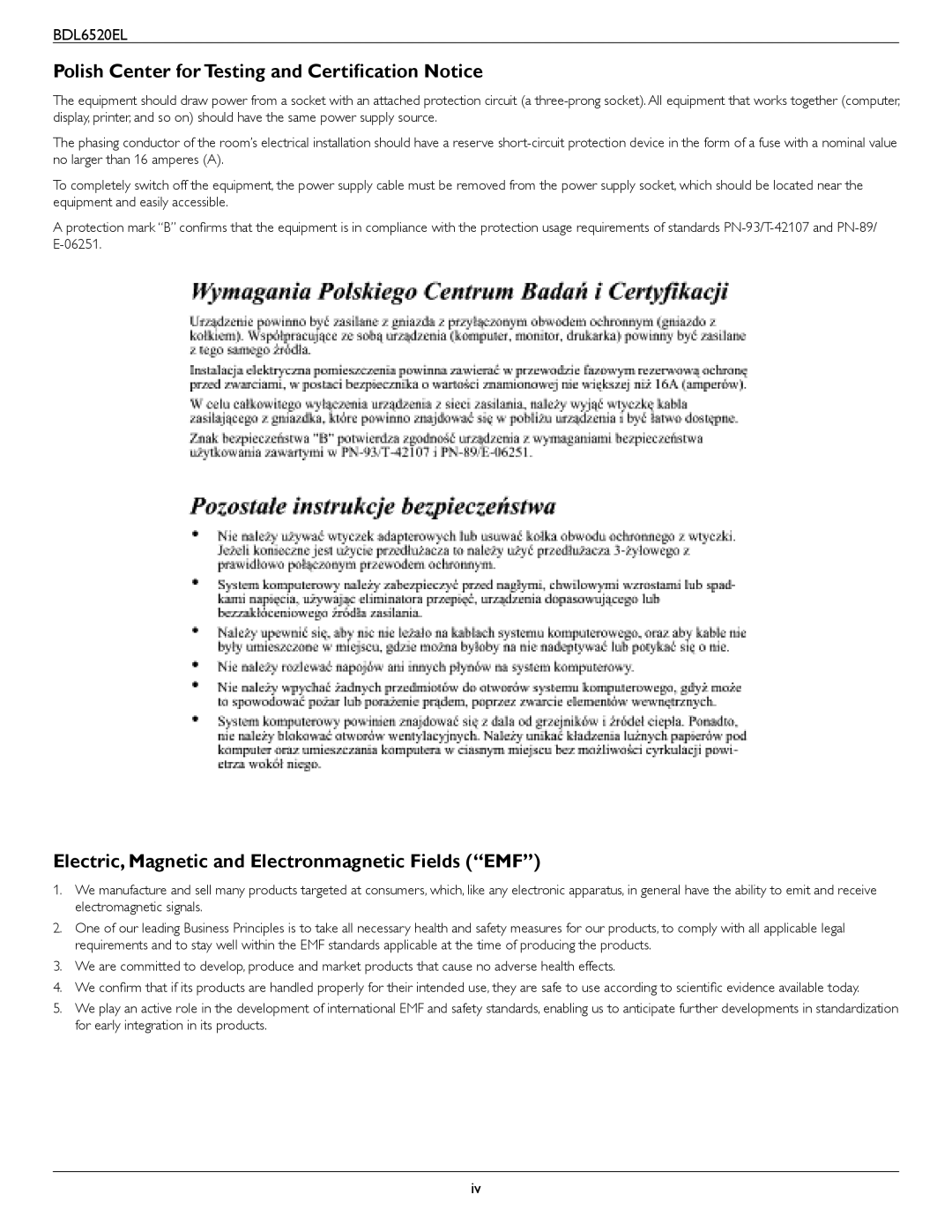 Philips BDL6520 Polish Center for Testing and Certification Notice, Electric, Magnetic and Electronmagnetic Fields EMF 