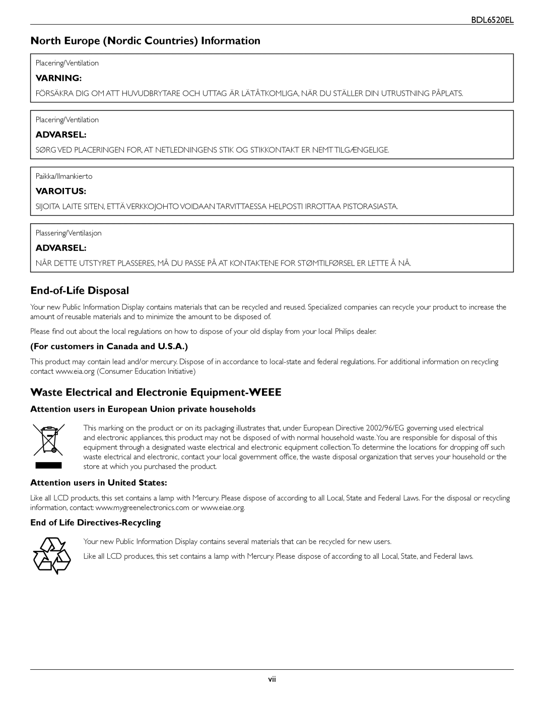 Philips BDL6520 North Europe Nordic Countries Information, End-of-Life Disposal, For customers in Canada and U.S.A 