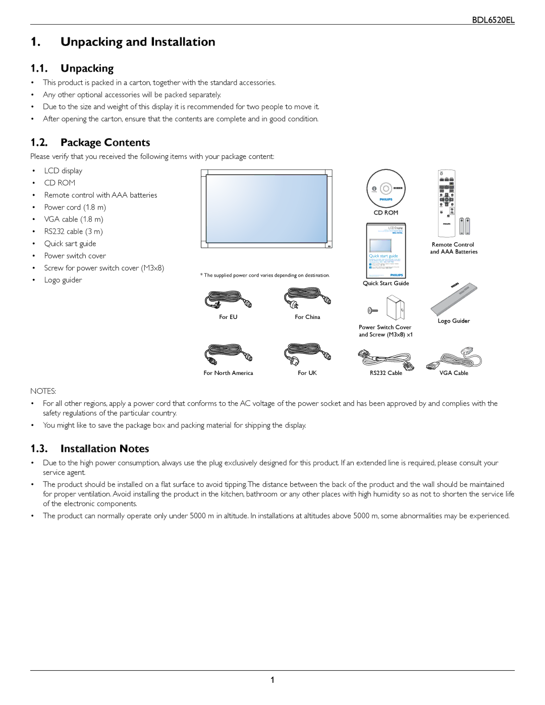 Philips BDL6520 user manual Unpacking and Installation, Package Contents, Installation Notes 