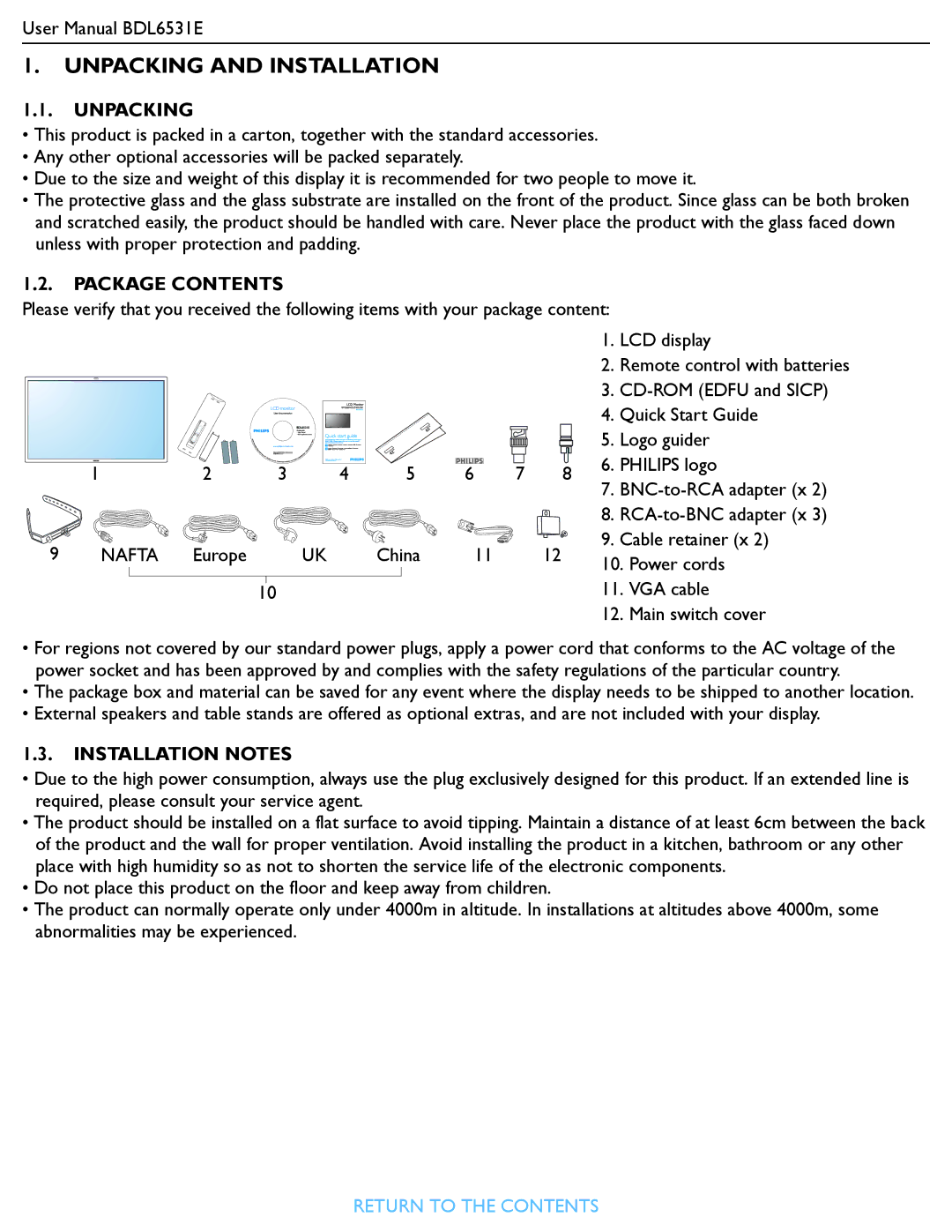 Philips BDL6531E user manual Unpacking and Installation 