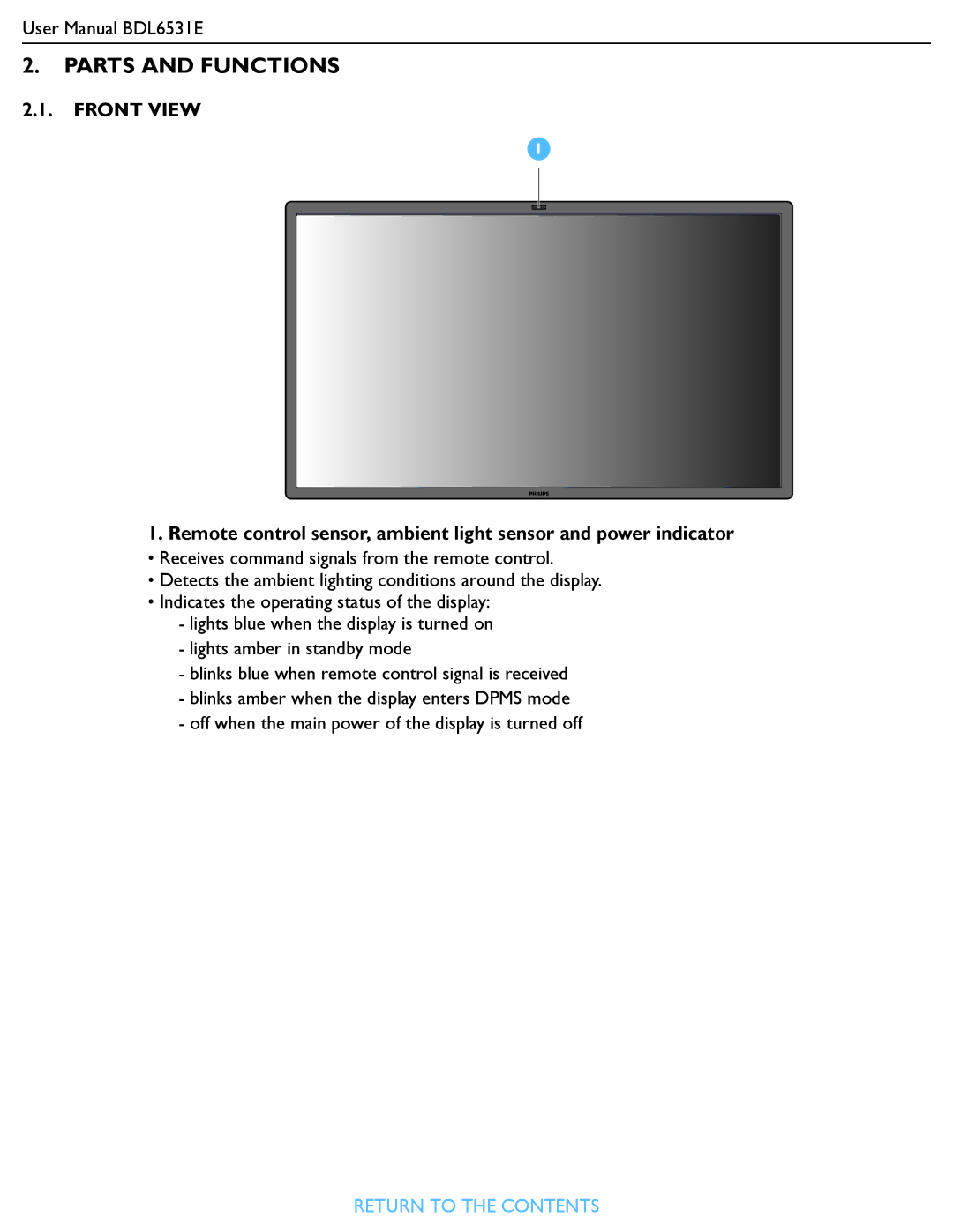 Philips BDL6531E user manual Parts and Functions, Front View 