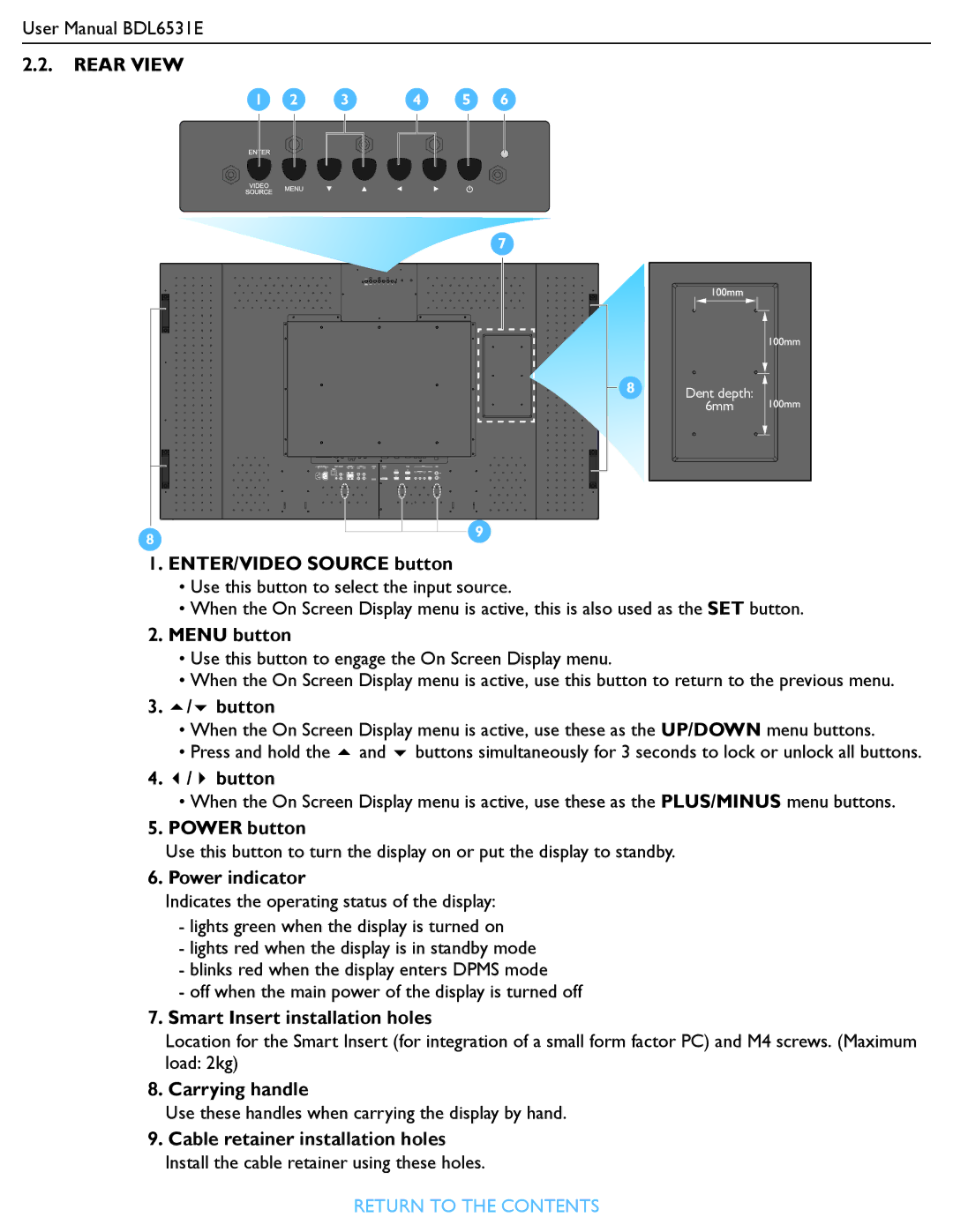 Philips BDL6531E user manual ENTER/VIDEO Source button, Menu button, Button, Power button, Power indicator, Carrying handle 