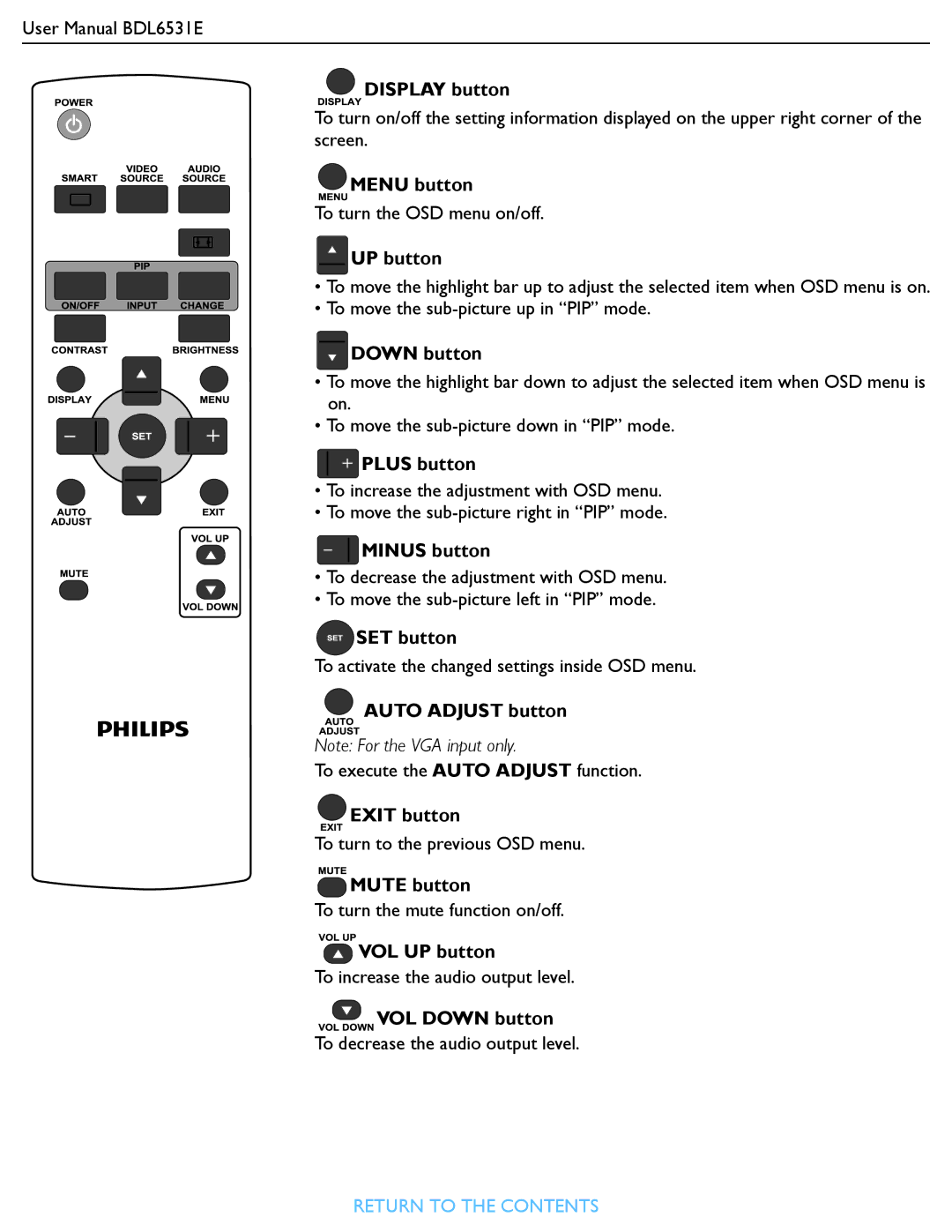 Philips BDL6531E Display button, UP button, Down button, Plus button, Minus button, SET button, Auto Adjust button 