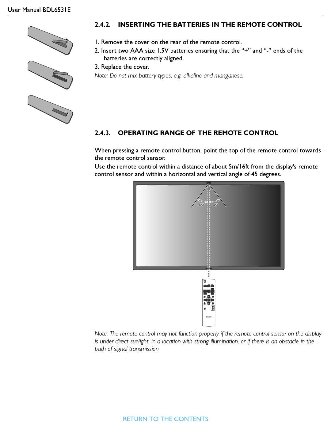 Philips BDL6531E user manual Inserting the Batteries in the Remote Control 