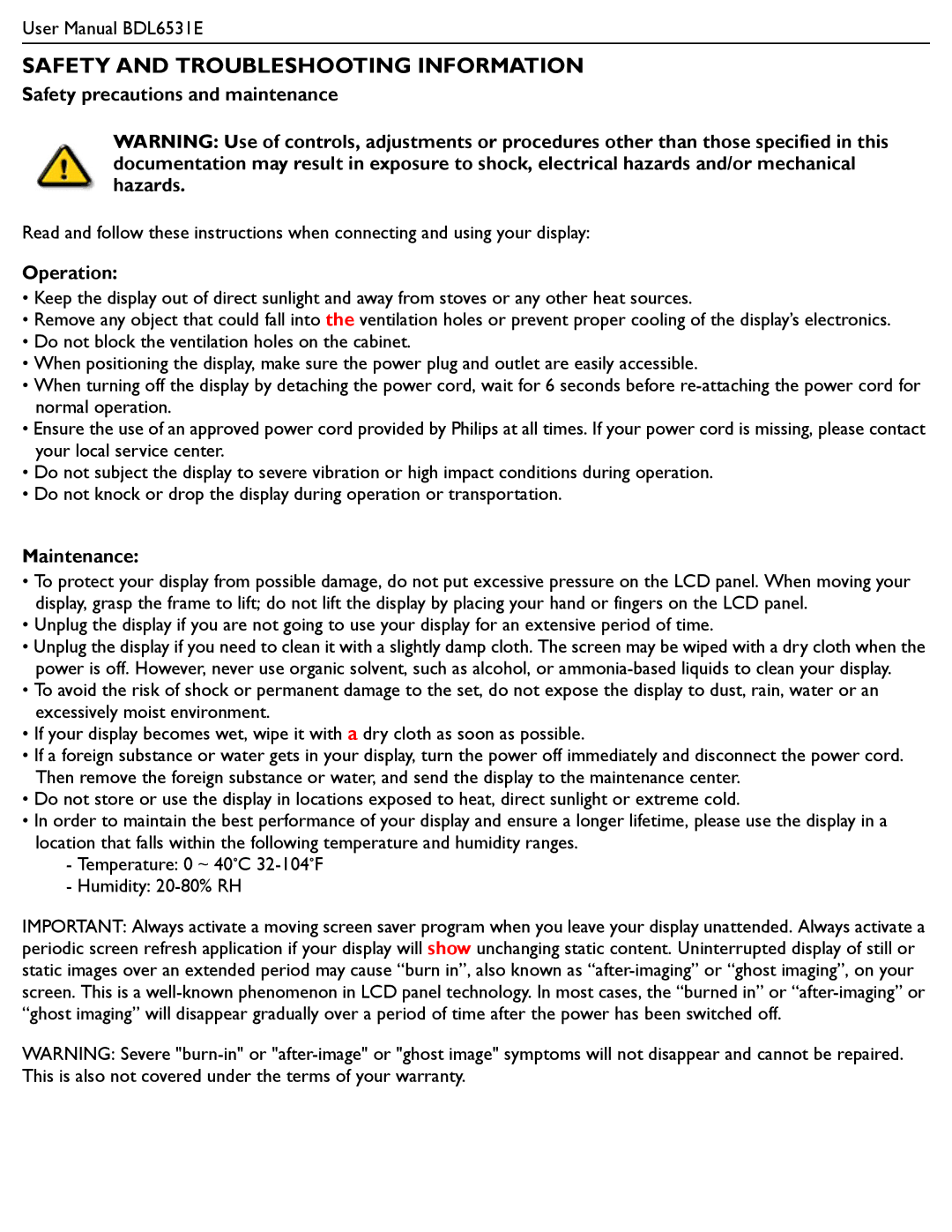 Philips BDL6531E Safety and Troubleshooting Information, Safety precautions and maintenance, Operation, Maintenance 