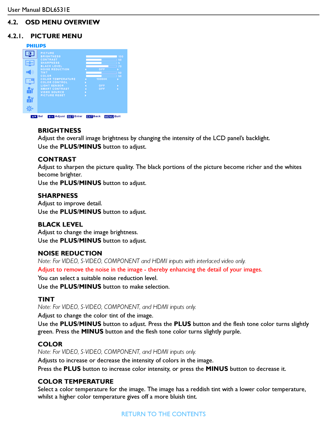 Philips BDL6531E OSD Menu Overview Picture Menu, Brightness, Contrast, Sharpness, Black Level, Noise Reduction, Tint 