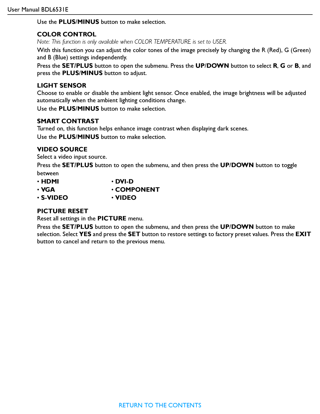 Philips BDL6531E user manual Color Control, Light Sensor, Smart Contrast, Video Source, Hdmi, Video Picture Reset 