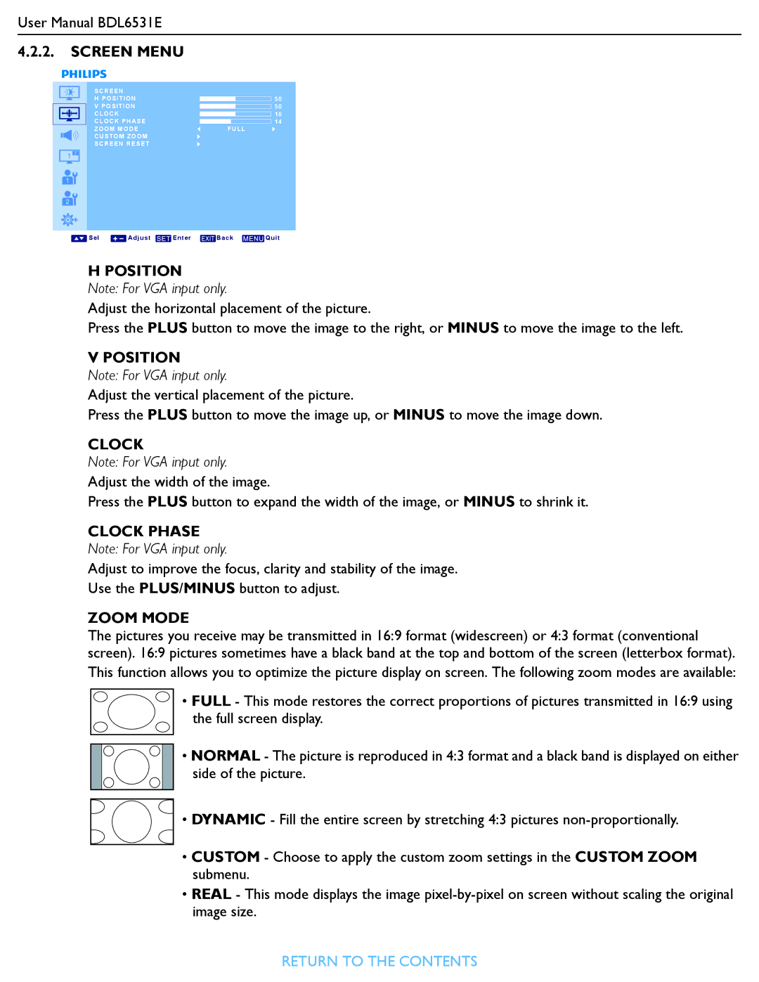 Philips BDL6531E user manual Position, Clock Phase, Zoom Mode 