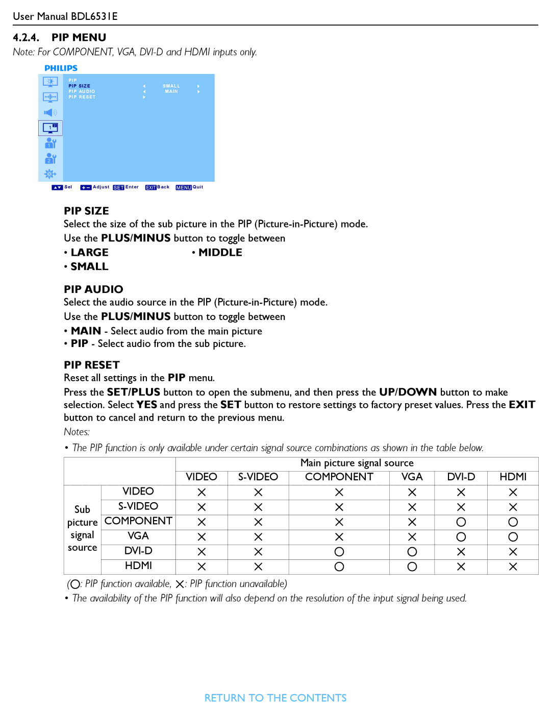 Philips BDL6531E user manual PIP Size, Large Middle Small PIP Audio, PIP Reset 