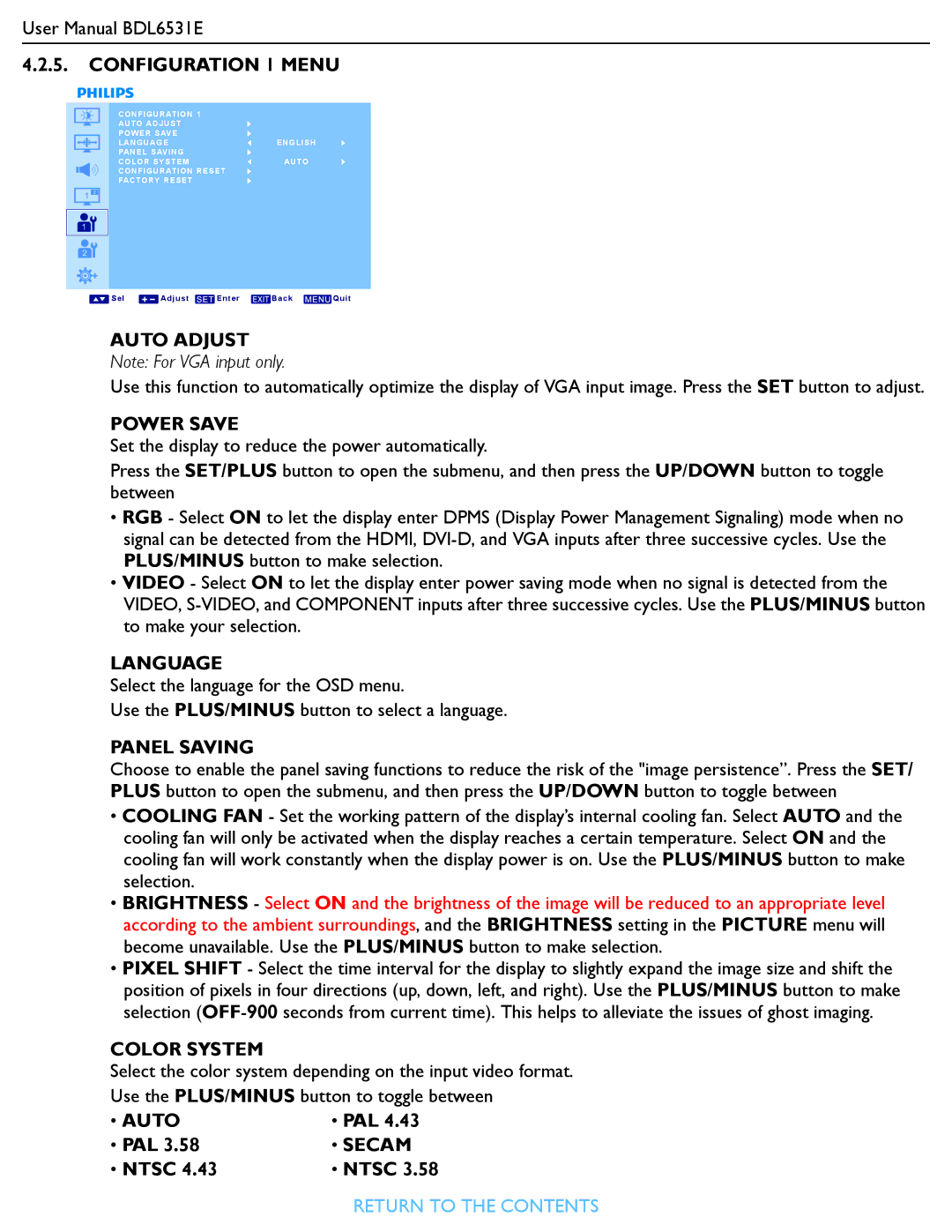 Philips BDL6531E user manual Configuration 1 Menu, Auto Adjust, Power Save, Language, Panel Saving, Color System, Secam 