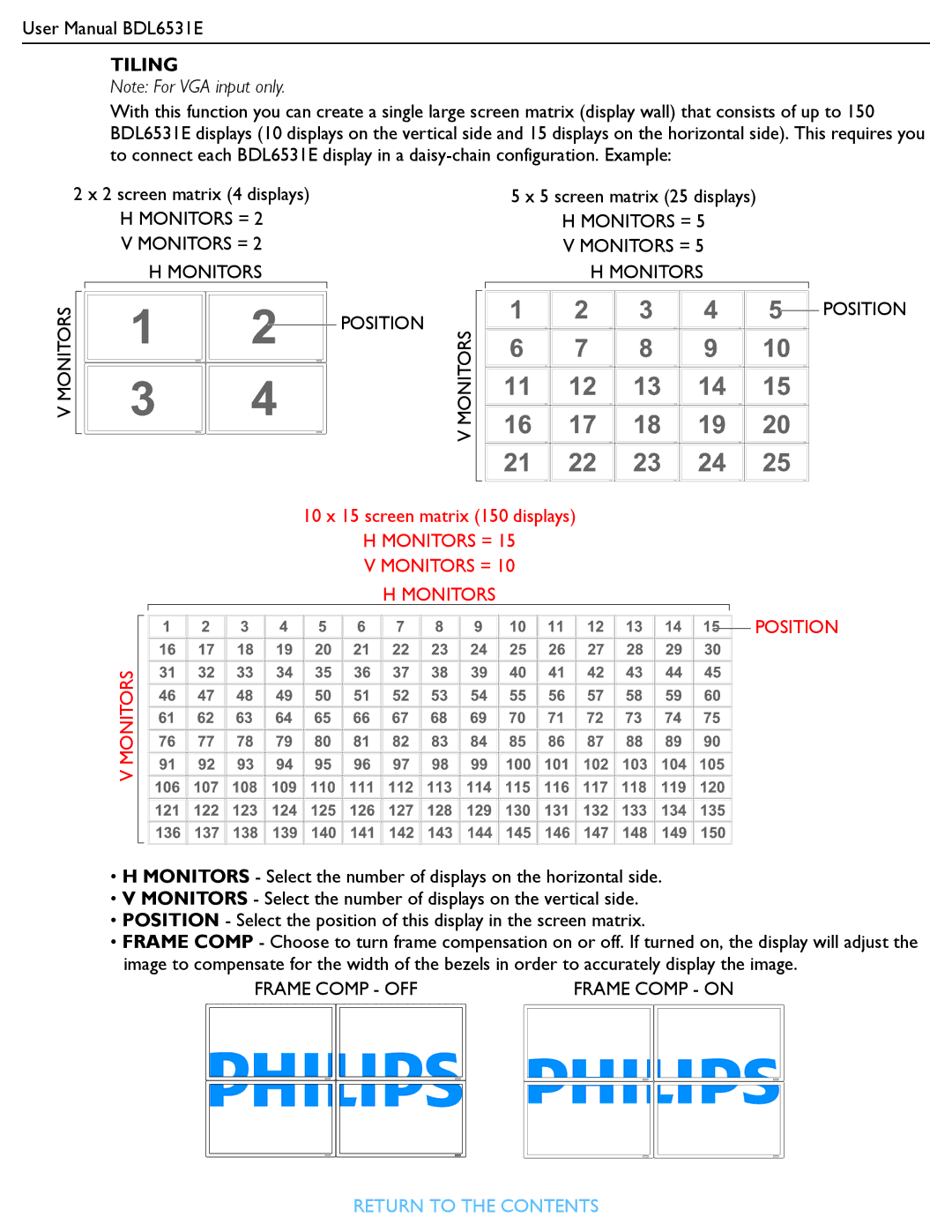 Philips BDL6531E user manual Tiling, Monitors = Position 