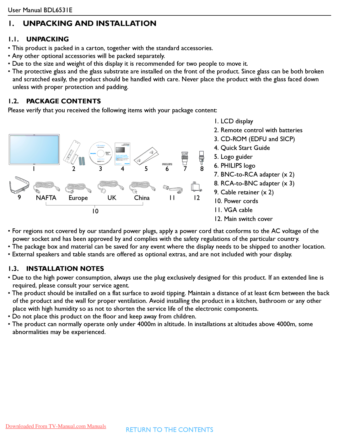 Philips BDL6531E user manual Unpacking and Installation 