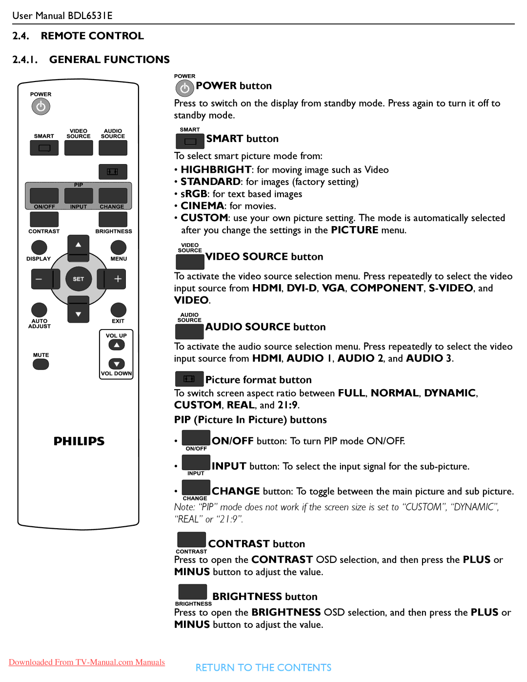 Philips BDL6531E user manual Remote Control General Functions 