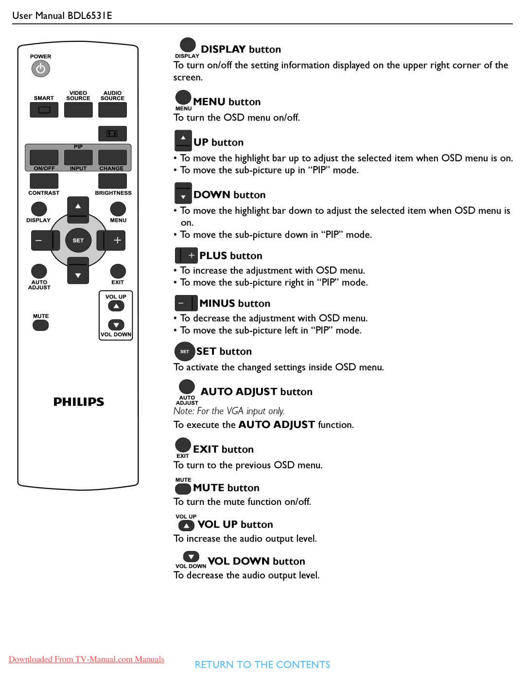 Philips BDL6531E Display button, UP button, Down button, Plus button, Minus button, SET button, Auto Adjust button 