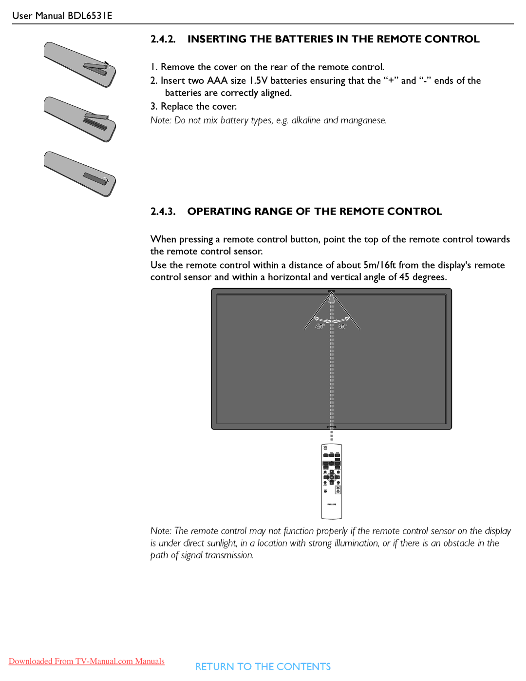 Philips BDL6531E user manual Inserting the Batteries in the Remote Control 