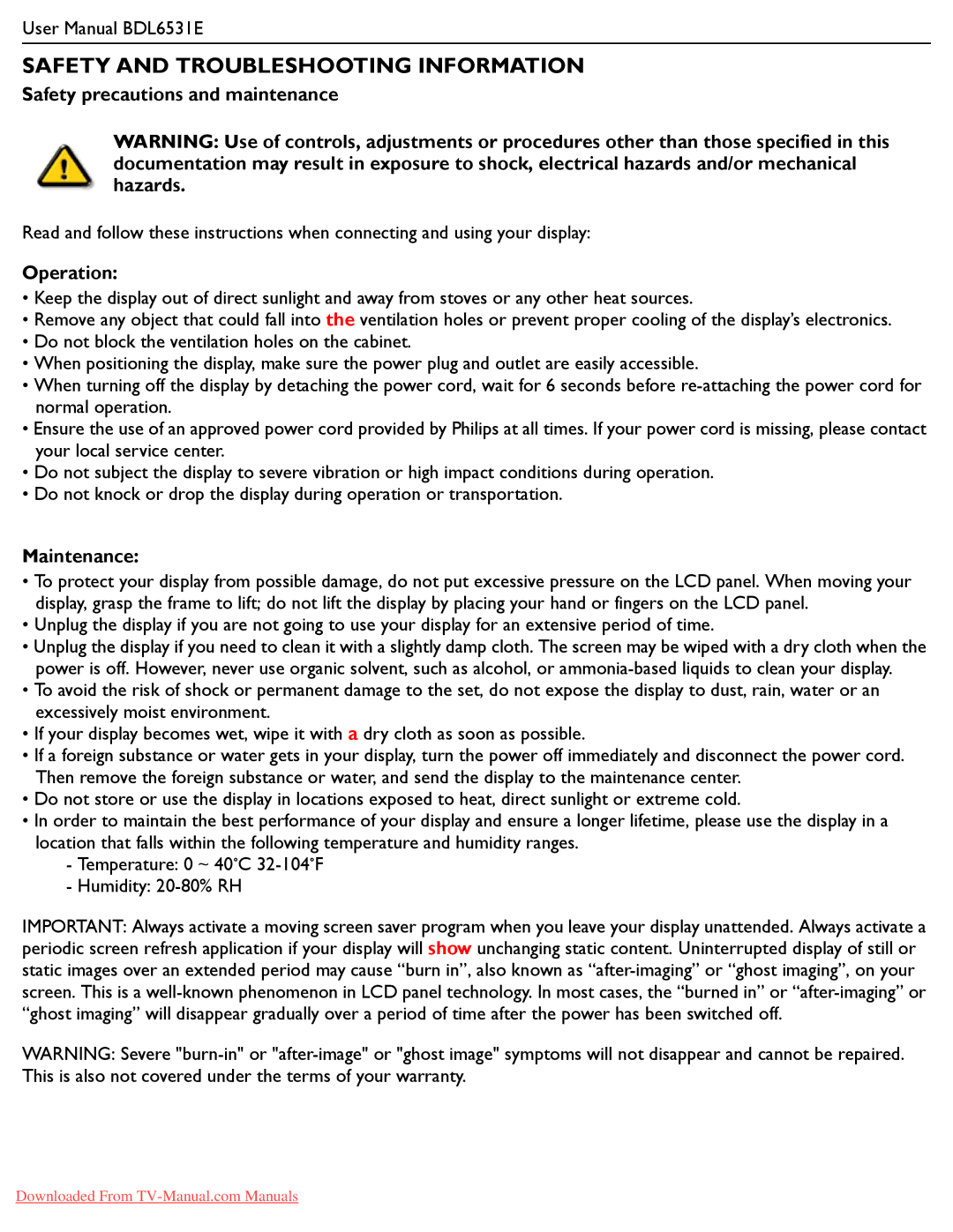 Philips BDL6531E Safety and Troubleshooting Information, Safety precautions and maintenance, Operation, Maintenance 