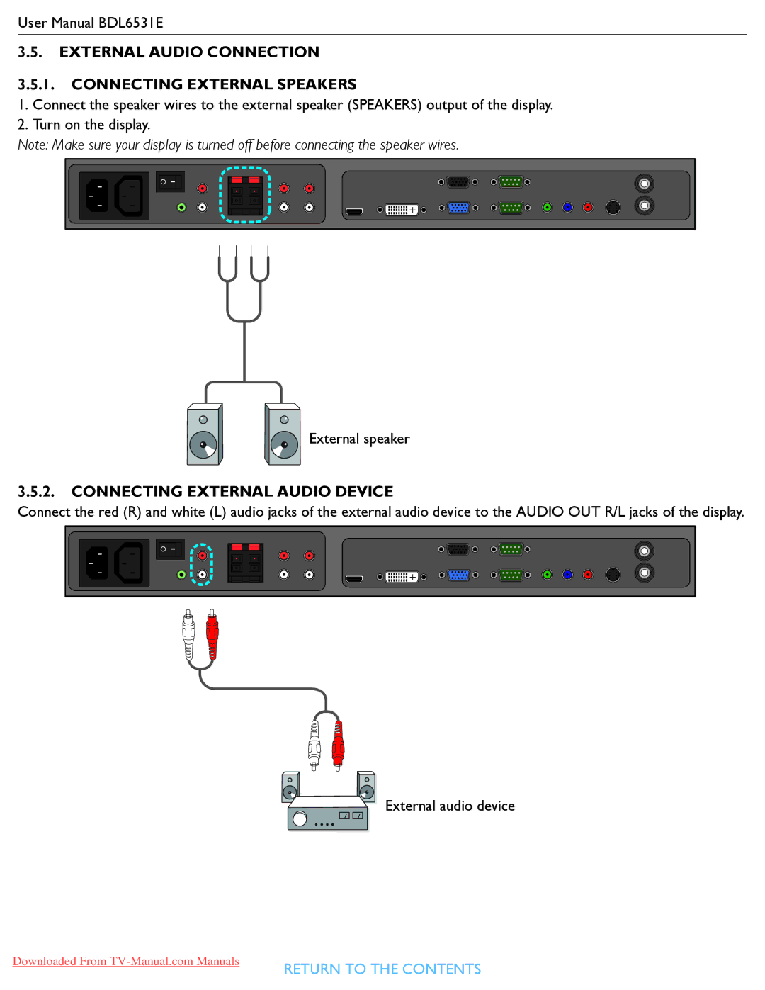 Philips BDL6531E user manual External Audio Connection Connecting External Speakers, Connecting External Audio Device 