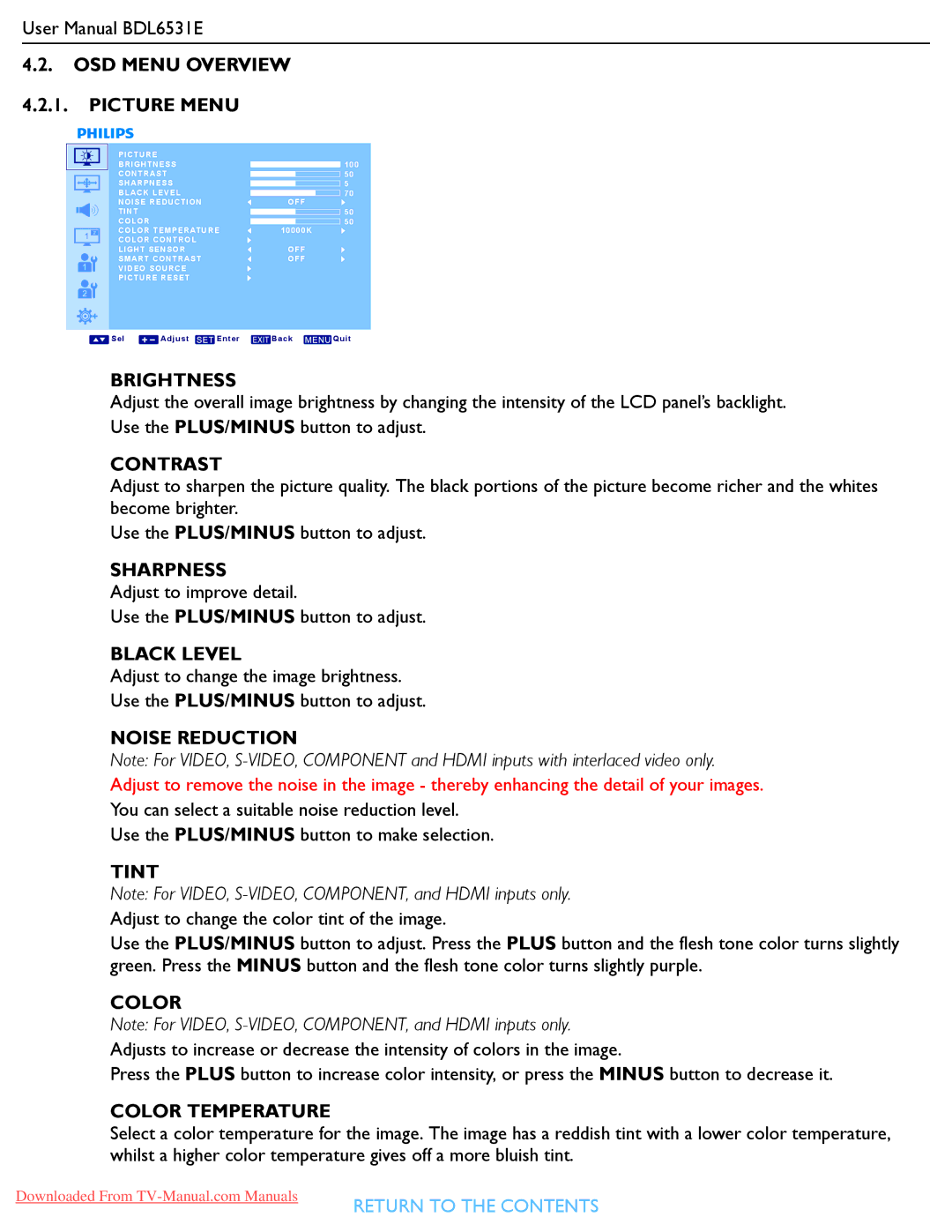 Philips BDL6531E OSD Menu Overview Picture Menu, Brightness, Contrast, Sharpness, Black Level, Noise Reduction, Tint 